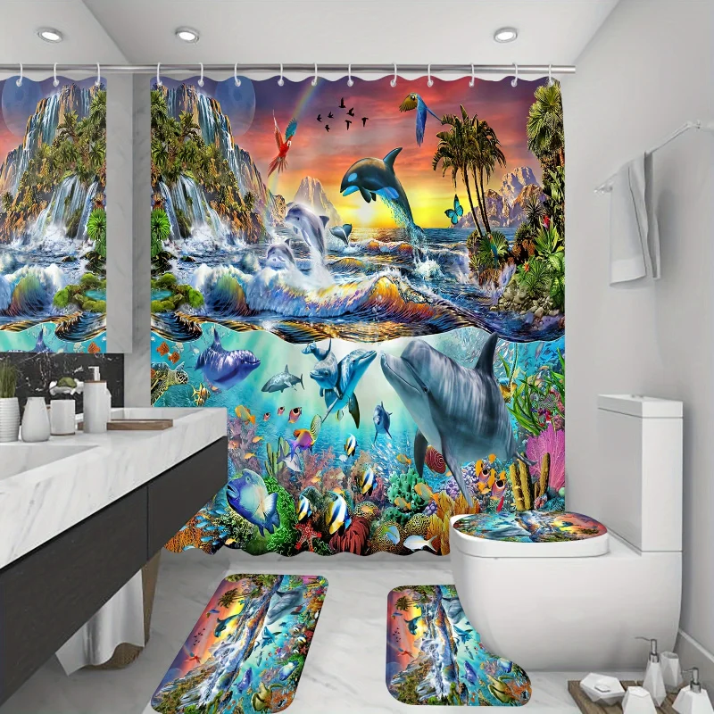 4PCs waterproof Ocean dolphins shower curtain set with non-slip bath rug, U-shape mat, toilet lid cover pad, 12 hooks, fishes
