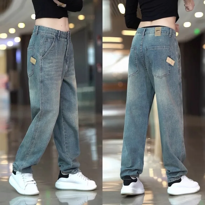 

Мужские джинсы в стиле ретро: модные, свободные, прямые, в корейском стиле, с эффектом потертости, универсальные, спортивные, повседневные, длинные брюки