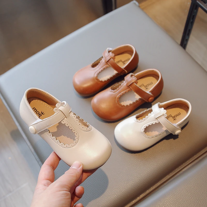 Kids T Strap Leather Shoes Girls Hollow Outs Princess Shoes Boys Breathable Flats Beige Brown Child Baby Toddlers Summer Autumn