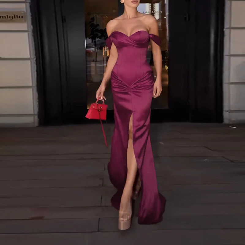Abiti da banchetto sexy con una spalla Abito da donna elegante abito lungo in raso a vita alta Abito da sera solido drappeggiato con spacco