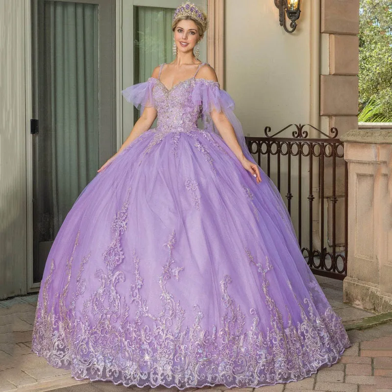 Purple Wedding Dresses Tulle Lace Appliques Short Sleeve For Wedding Birthday Party Banquet Evening Prom Princess Gowns