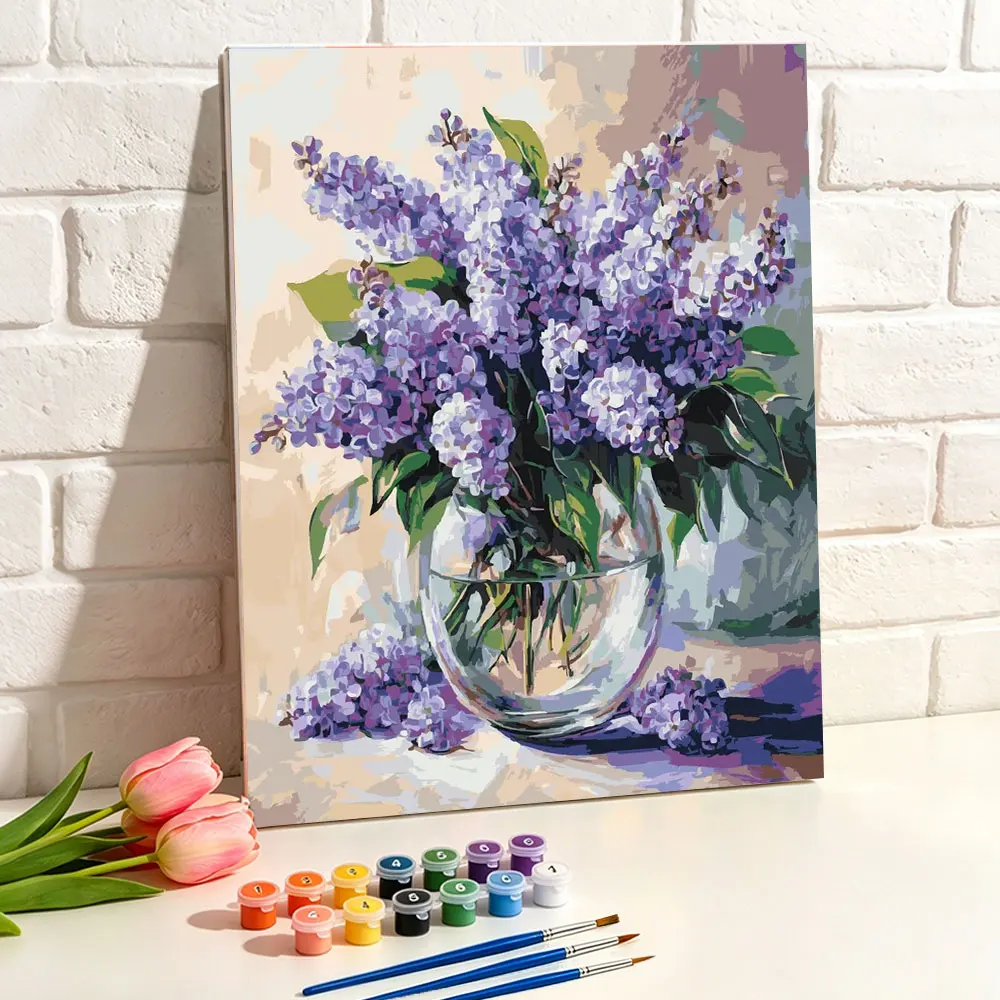 Blumenmalerei nach Zahlen für Erwachsene: Glasvase mit Flieder DIY Malset für Erwachsene, Kunsthandwerk, Malutensilien-Set, Zeichnen, Heimdeko