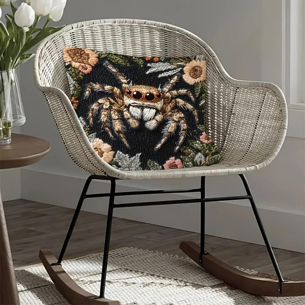 Fodera per cuscino unica con ragno stampato piatto 2D e motivo floreale Fodera per cuscino per divano, decorazione del dormitorio della stanza di casa, stampa 2D