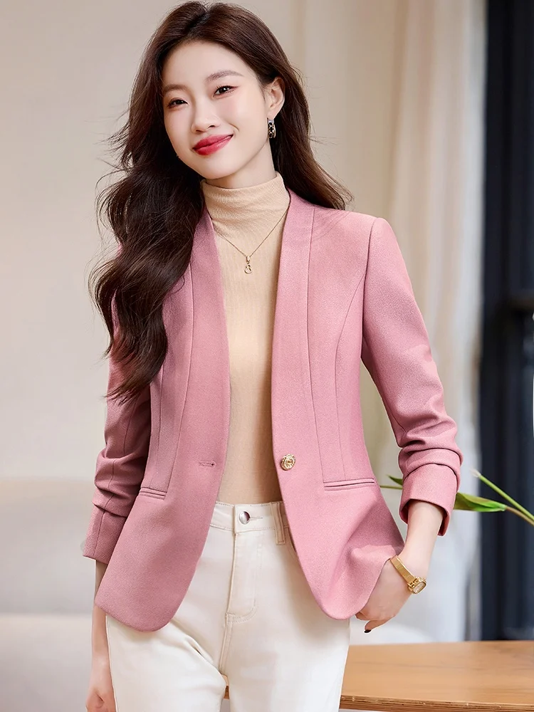 

Pink Lapelless Women's Suit Jacket Casual Professional Small Size Spring Autumn New Style High Quality Elegant Commute Style ...