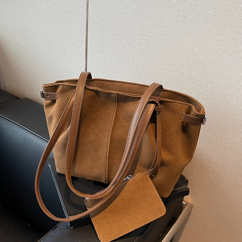 Sacs à bandoulière en daim pour femmes, grands fourre-tout légers sous les bras, sac à main de shopping décontracté, sacs seau de voyage de couleur unie
