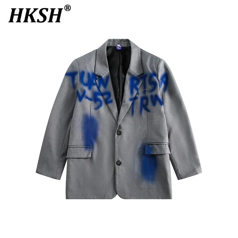 HKSH Spring Autumn New Graffiti Jacket Collar Mid Length Casual Cardigan Coat Men Tide Blazer Women Fashion Chic Outwear HK0402