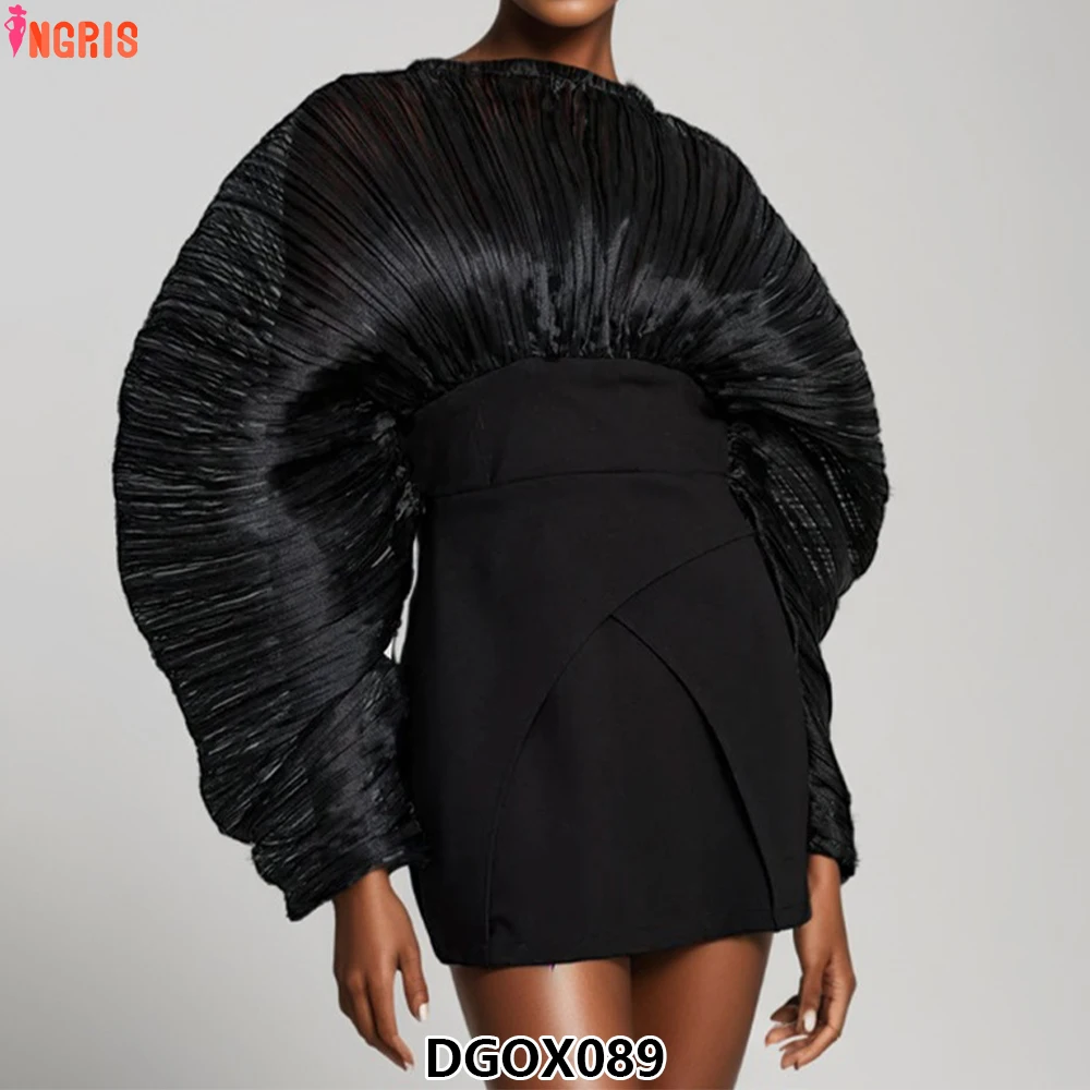 

Summer spring new fashion design women's catwalk long puff sleeve retro black draped patchwork skirt-DGOX088