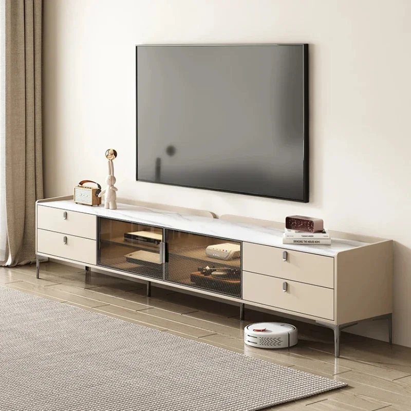 Stone Plate TV Cabinet and Tea Table Combination Solid Wood Floor Cabinet Italian Deck Small Apartment Living Room