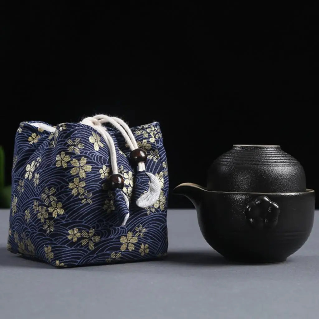 Jfory Teapot Tea Wrapper Pouch Travel Tea Set Drawstring Storage Bag Blue Sakura