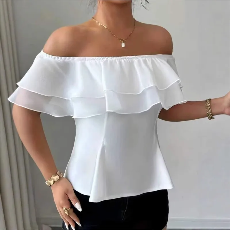Sexy Off Shoulder Slash Neck Ruffle Women's Blouse Top Summer White Sleeveless Slim Blouses Elegant Office Lady Shirts Tops view 5