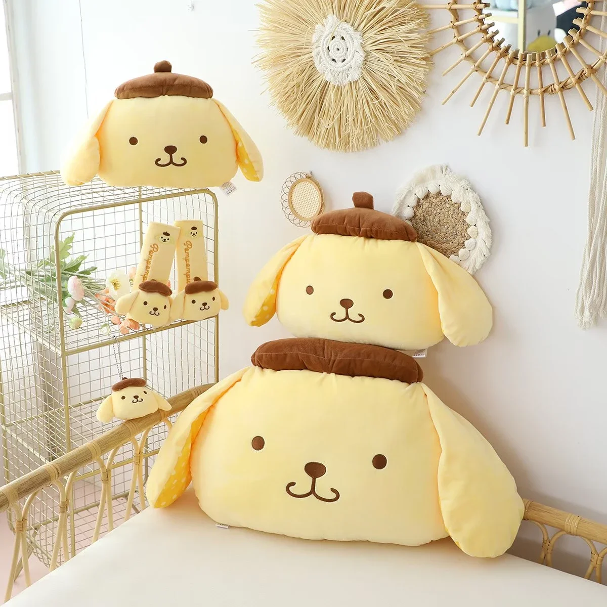 ポムポムプリンヘッドレストシートベルトカバー快適な背もたれクッション漫画車の装飾和風枕ソファベッドぬいぐるみ女の子