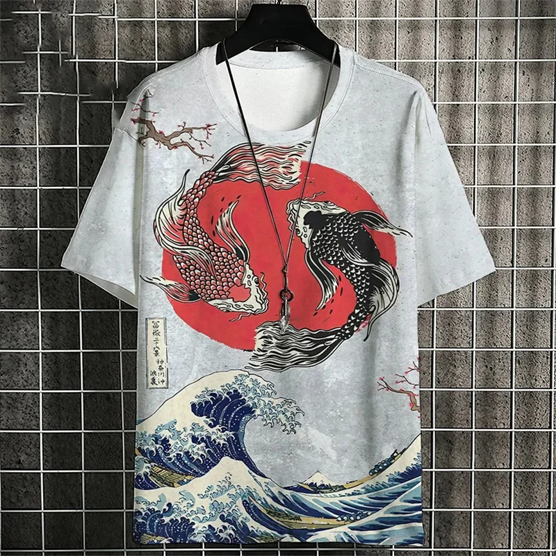 3D Printed Ukiyo-E T-Shirt For Men Japanese Koi Carp Graphic T Shirts Casual Unisex Oversized Short Sleeve Tops Breathable Tees