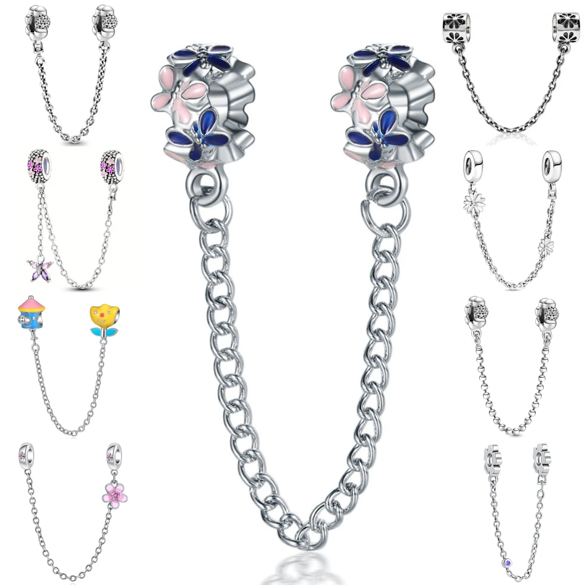 

Silver 925 Sparkling Clear Sparkle Flower Butterfly Safety Chain Charm Bead Fit Original Pendant DIY Jewelry For Women