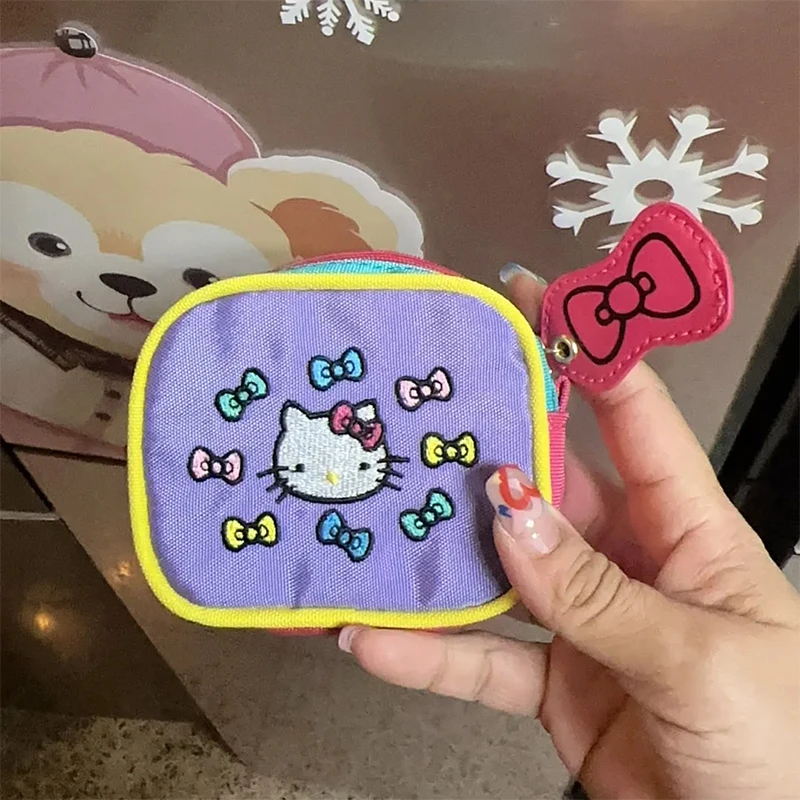 Kawaii Hello Kitty portafoglio Cute Canvas ricamo borsa per auricolari portatile Mini borsa per la conservazione della batteria borsa per gioielli