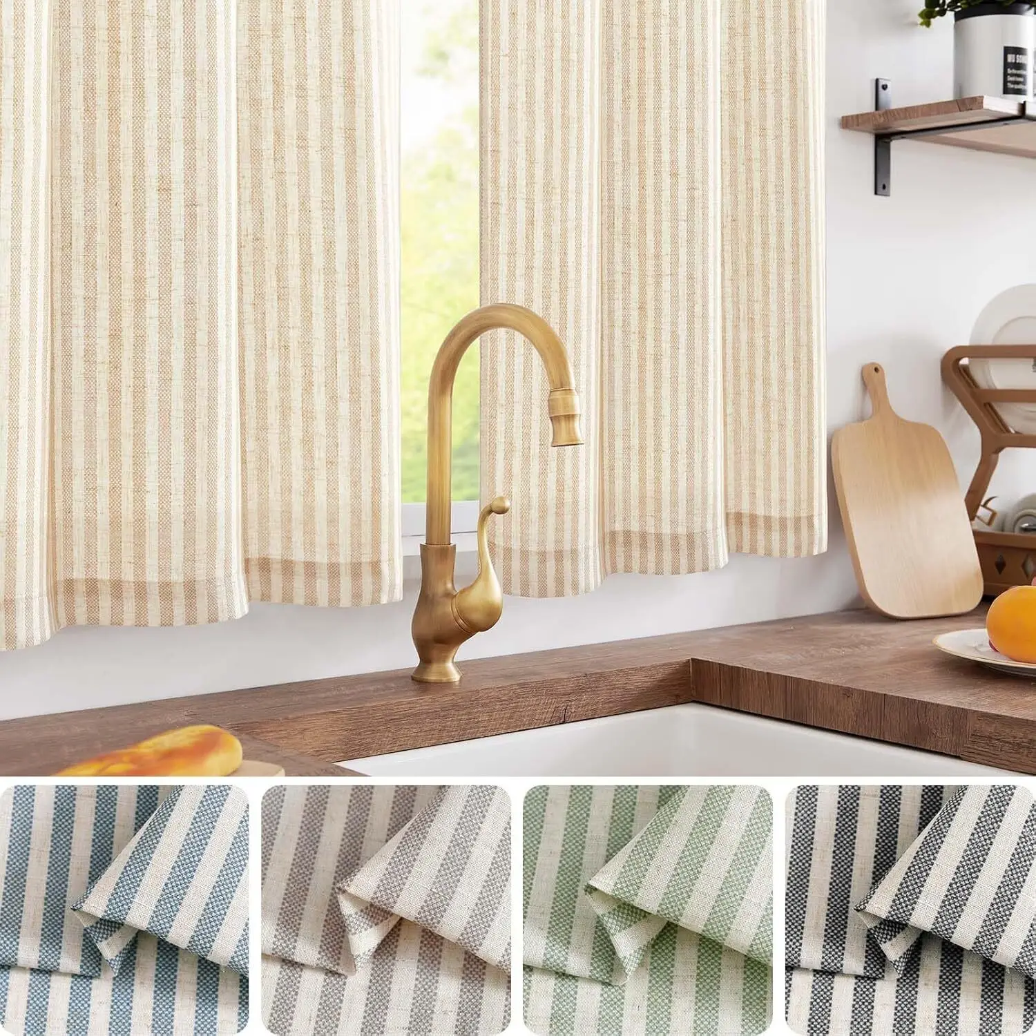 JINCHAN 3PCS Sets Kitchen Curtains And Valance Linen Pinstripe Small Curtains For Cafe Living Room Rod Pocket Cover Drapes