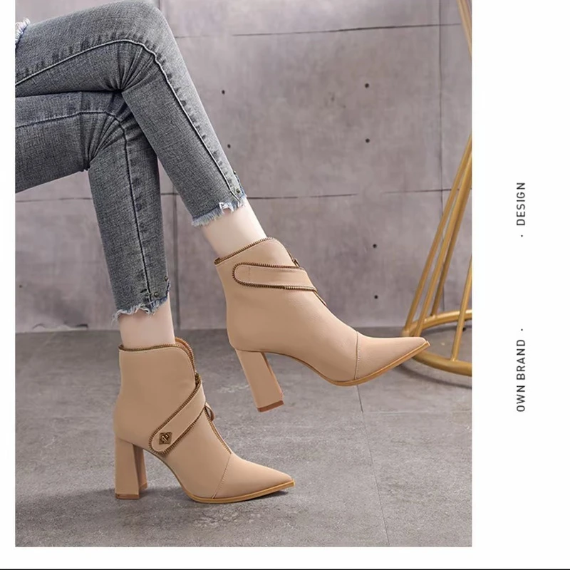 أحذية السيدات في الربيع والخريف عصرية وأنيقة، مع كعب مربع مدبب وكعب بسحاب للخروج من أجل أ #3