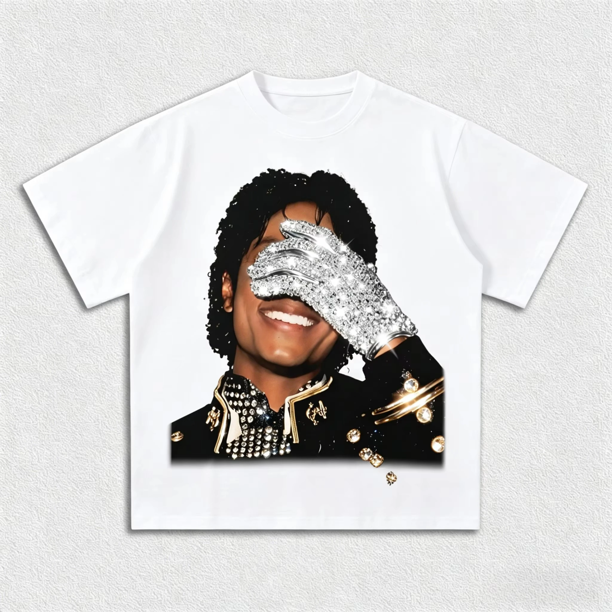Herren Hip-Hop T-Shirt, Michael Jackson Glitzernder Diamant-Handschuh Grafikdruck Kurzarm-T-Shirt, Vintage Retro Musikstar Casual Bla – Detail 2