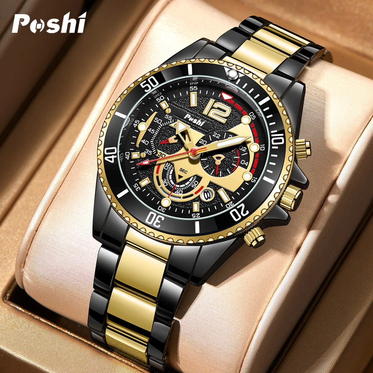 

POSHI 928, кварцевые часы, модные деловые мужские часы, оригинальные брендовые часы из нержавеющей стали с дисплеем даты