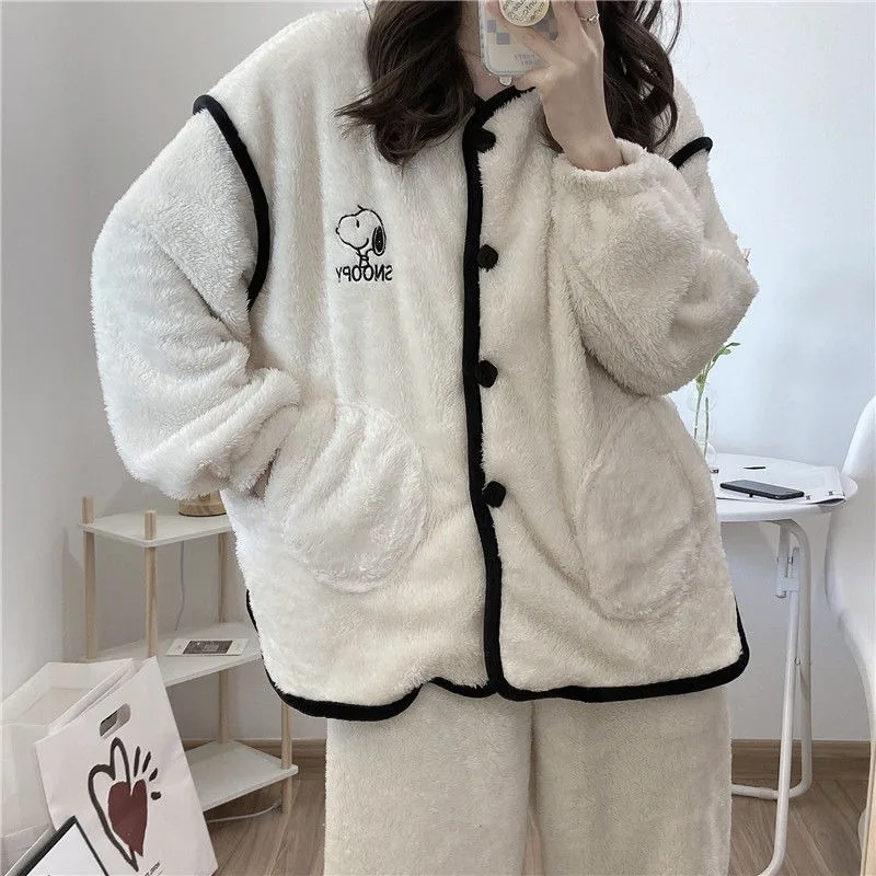 Snoopy pajamas women\'s coral velvet autumn and winter ins style kawaii anime cartoon flannel thickened cute home clothes set