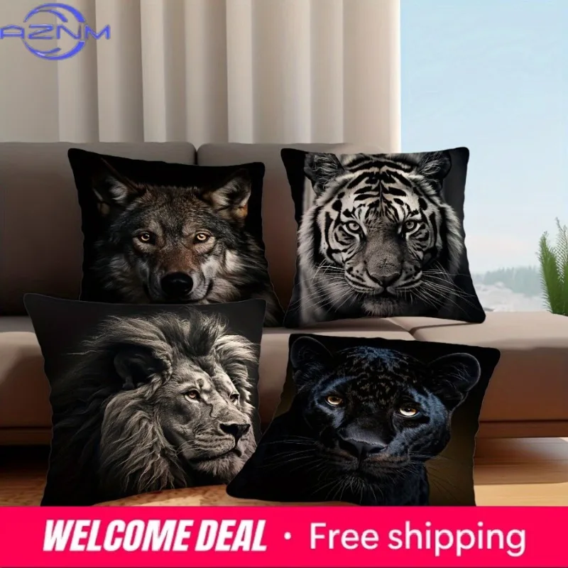 Four Animal Head Pillowcases: Lion, Tiger, Black Panther, and Wolf Sofa Cushion Cover Home Room Decoration 2D Flat Printing
