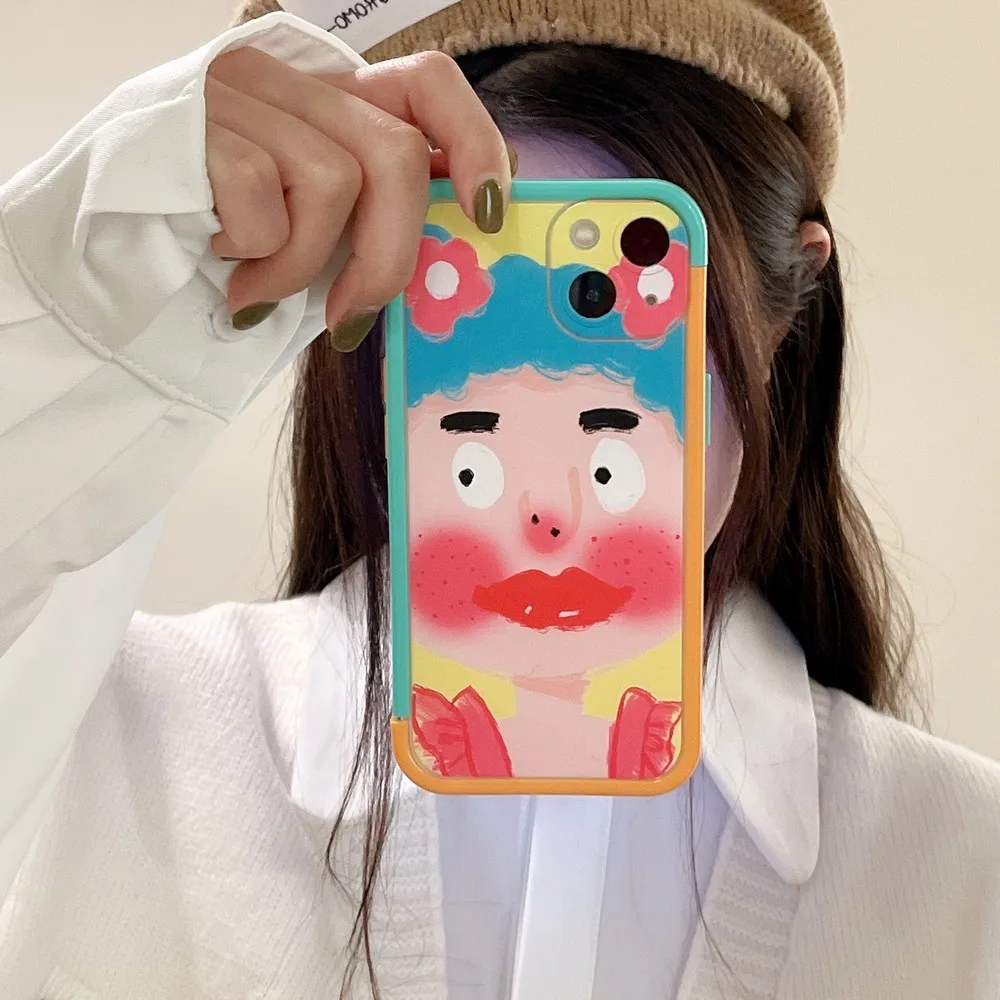 Color combination frame anti-fall shell blue hair pockmark girl mobile for iphone 13Promax 14Promax 11 12 13 14 13Pro phone case