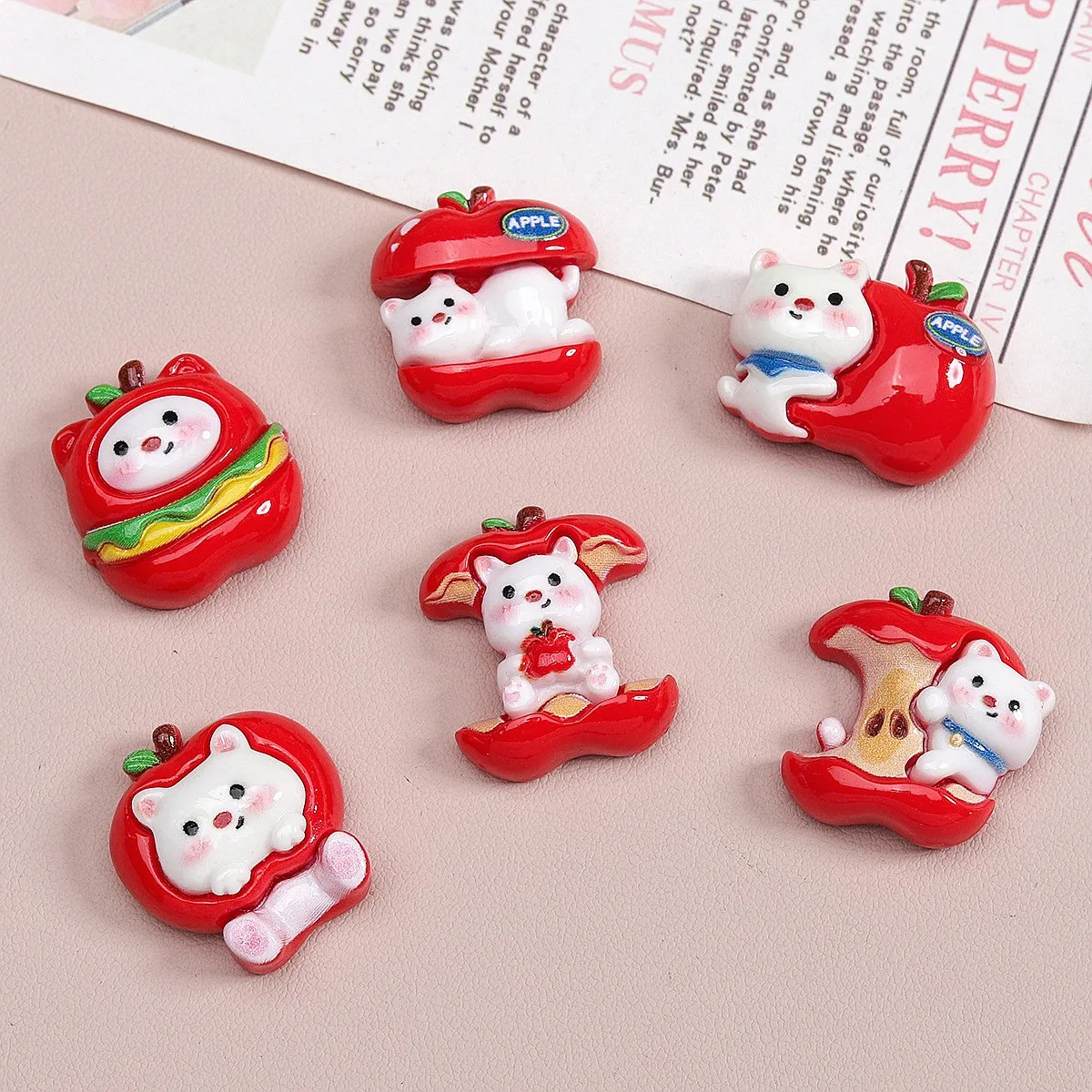 100pcs Kawaii Resin Flatback Cartoon Simulated Apple Animal Charms DIY Accessories Phone Case Hairpin Keychain Decor
