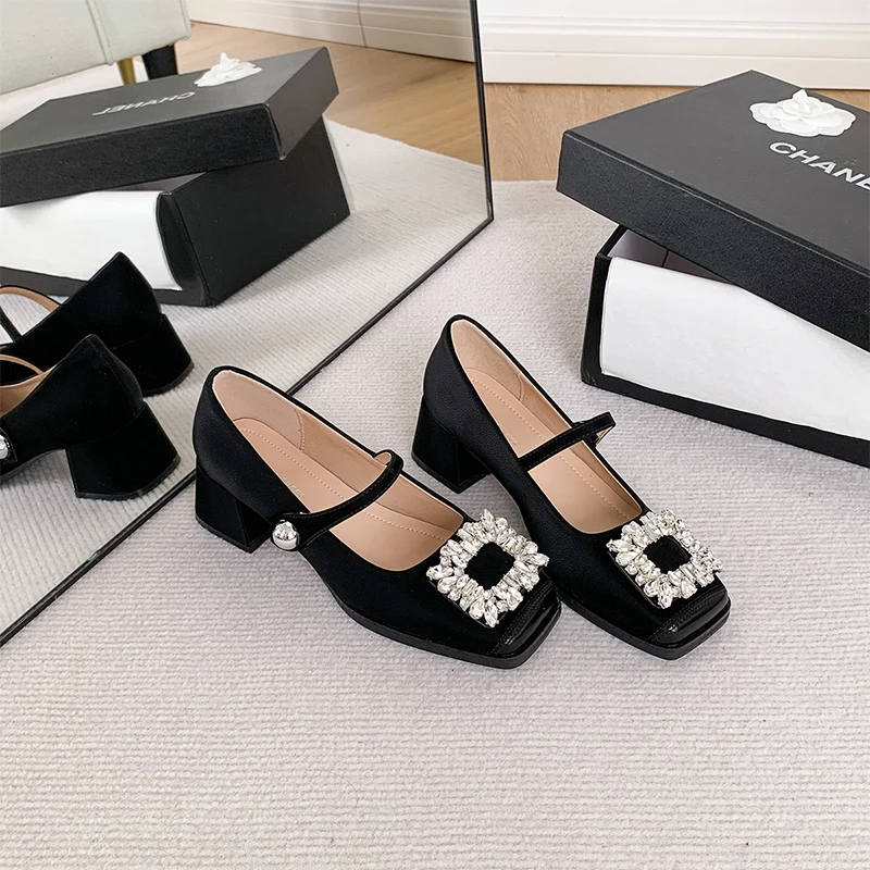 Advanced French diamond black Mary Jane shoes fragrant style high-heeled shoes late shoes spring and summer vintage shoes