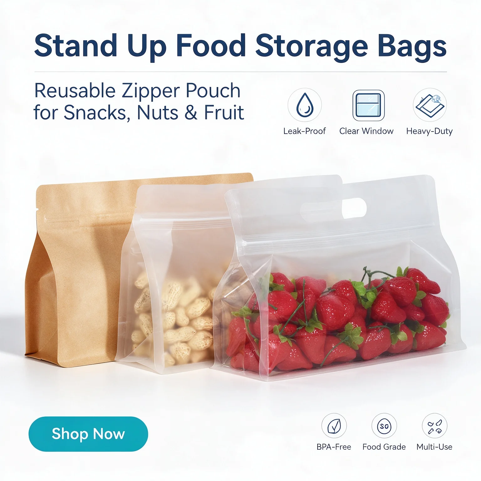 10/30Pcs Reusable Stand Up Zipper Food Storage Pouches, BPA Free Food Grade Leak Proof Heavy Duty for Fruit Nut, Snack Packing