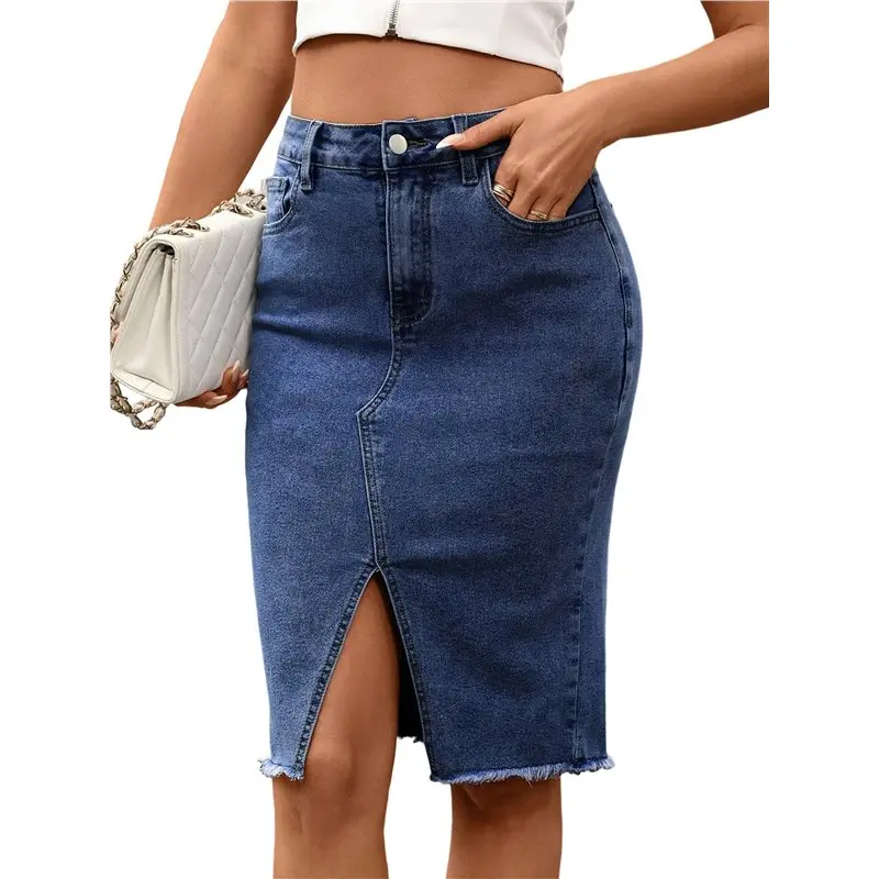 

Джинсовые юбки-карандаш для женщин CYL, средней длины, с высокой талией, А-силуэта, с разрезом по низу.