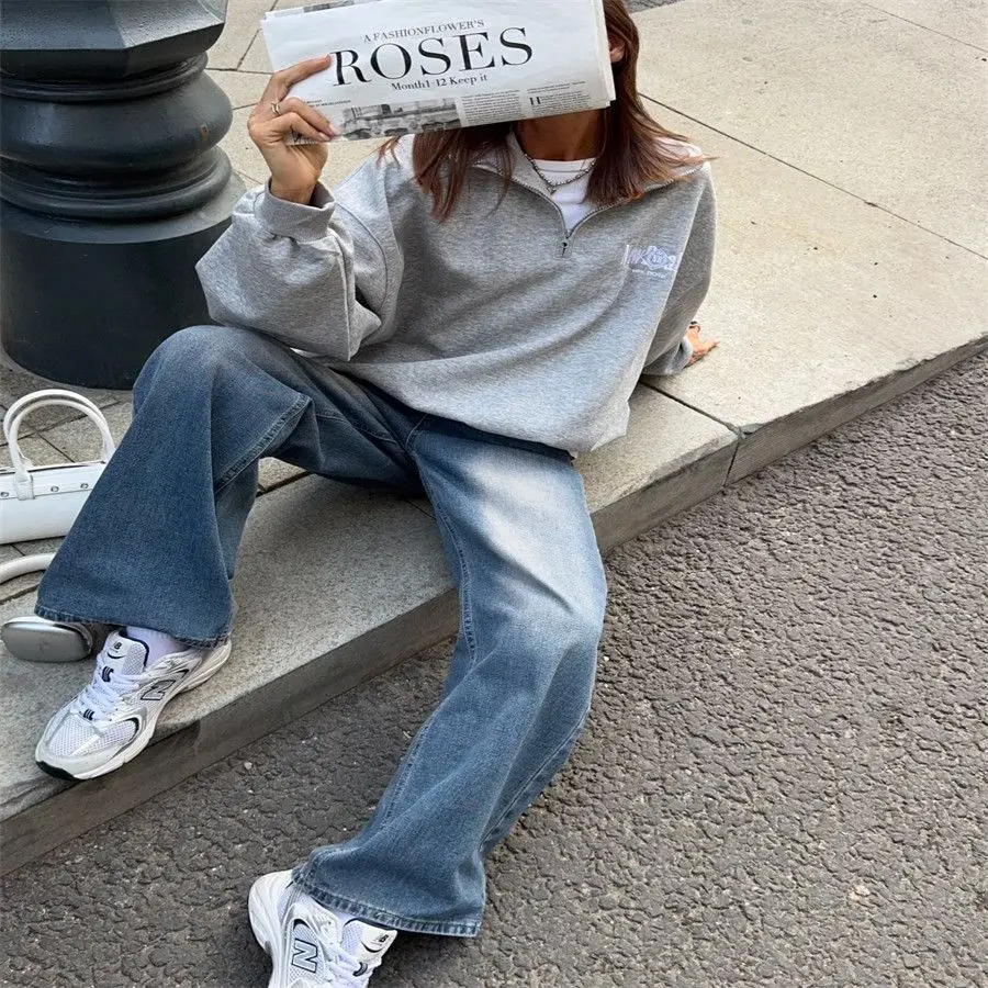 ยุโรปอเมริกันวิทยาลัยผู้หญิงเสื้อเรโทรเปิดซิปปกเปิดปกเสื้อสีเทาเสื้อแขนยาวฤดูใบไม้ร่วงหลวม Y2K