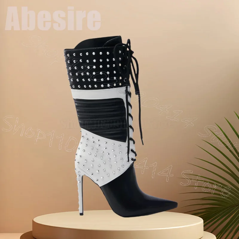 

Rivets Stripe Design Cross Tied Pointed Toe Boots Side Zipper Women Shoes Thin High Heels Party Banquet 2025 Zapatos Para Mujere