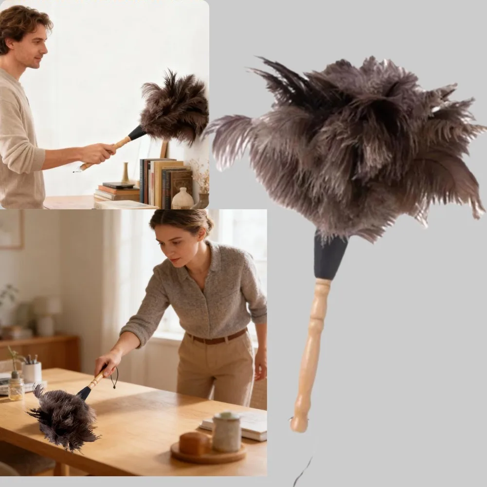 Plumero de avestruz para el hogar, plumero con mango de madera, eliminación de polvo antiestático, cepillo de piel de plumas, herramientas de limpieza del hogar