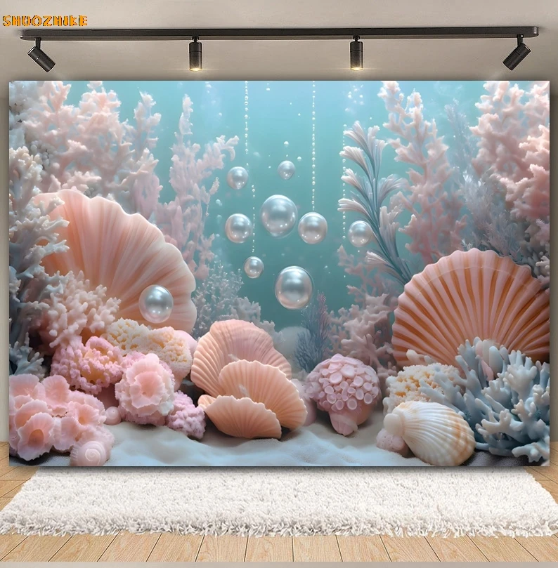 Underwater World Baby Birthday Backdrop Undersea Ocean Jellyfish Coral Mermaid Girls Birthday Party Photography Background Decor