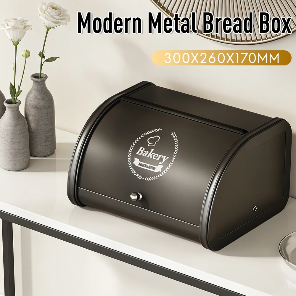 

Retro Black Metal Bread Bin with Roll-up Lid Large Capacity Bread Storage Box for Kitchen Counters Food Organizer Supplies New ﻿