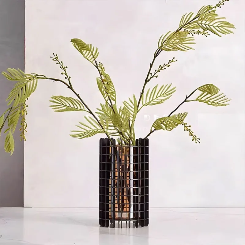 Modern light luxury geometric grid hollow cylinder vase office home accessories