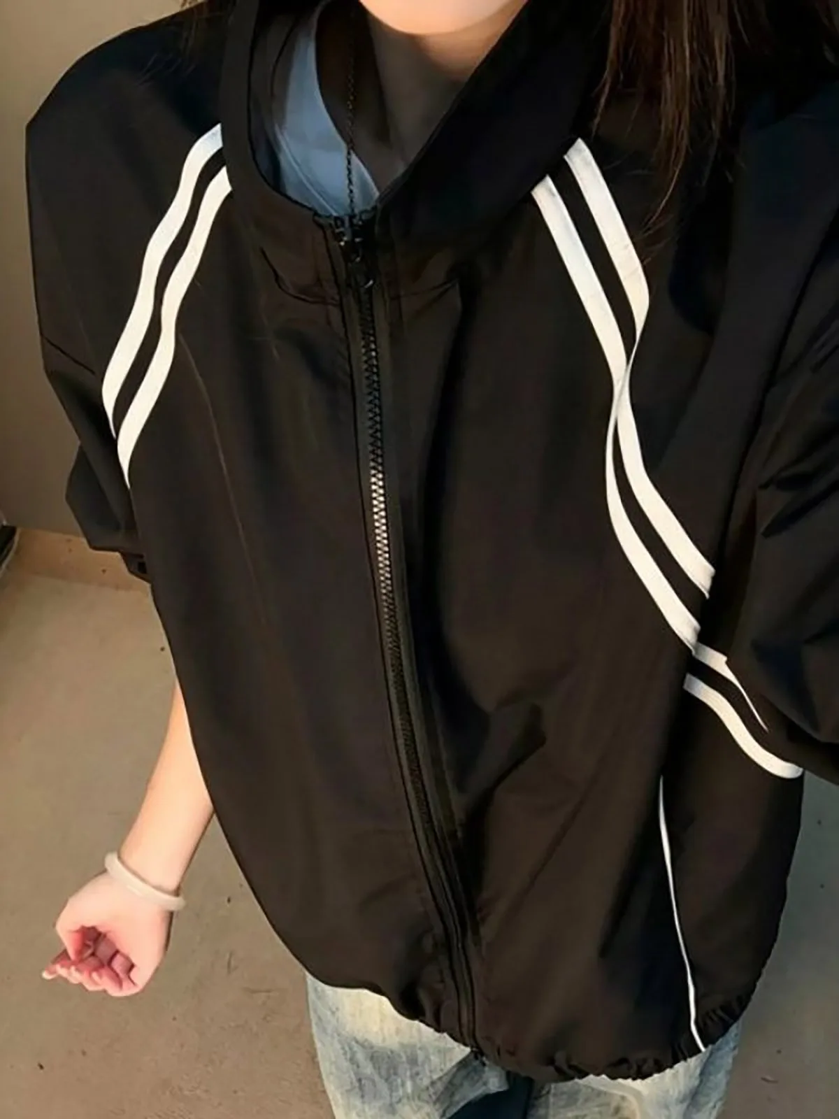 American Stripe Splice Stand Collar Jacket Men's Women's Autumn Cleanfit High-End Three-Proof Baseball Shirt Shoulder Clip