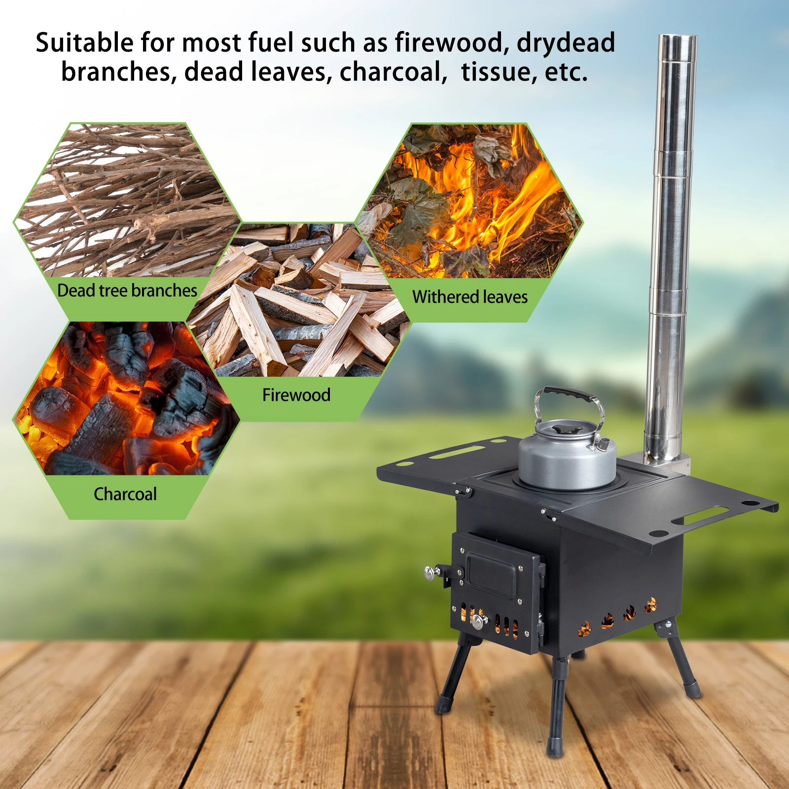 Camping Stove 57.5*31*37cm Black Wrought Iron Panel Foldable Legs Foldable Panel With Chimney Suitable For Camping Potlucks