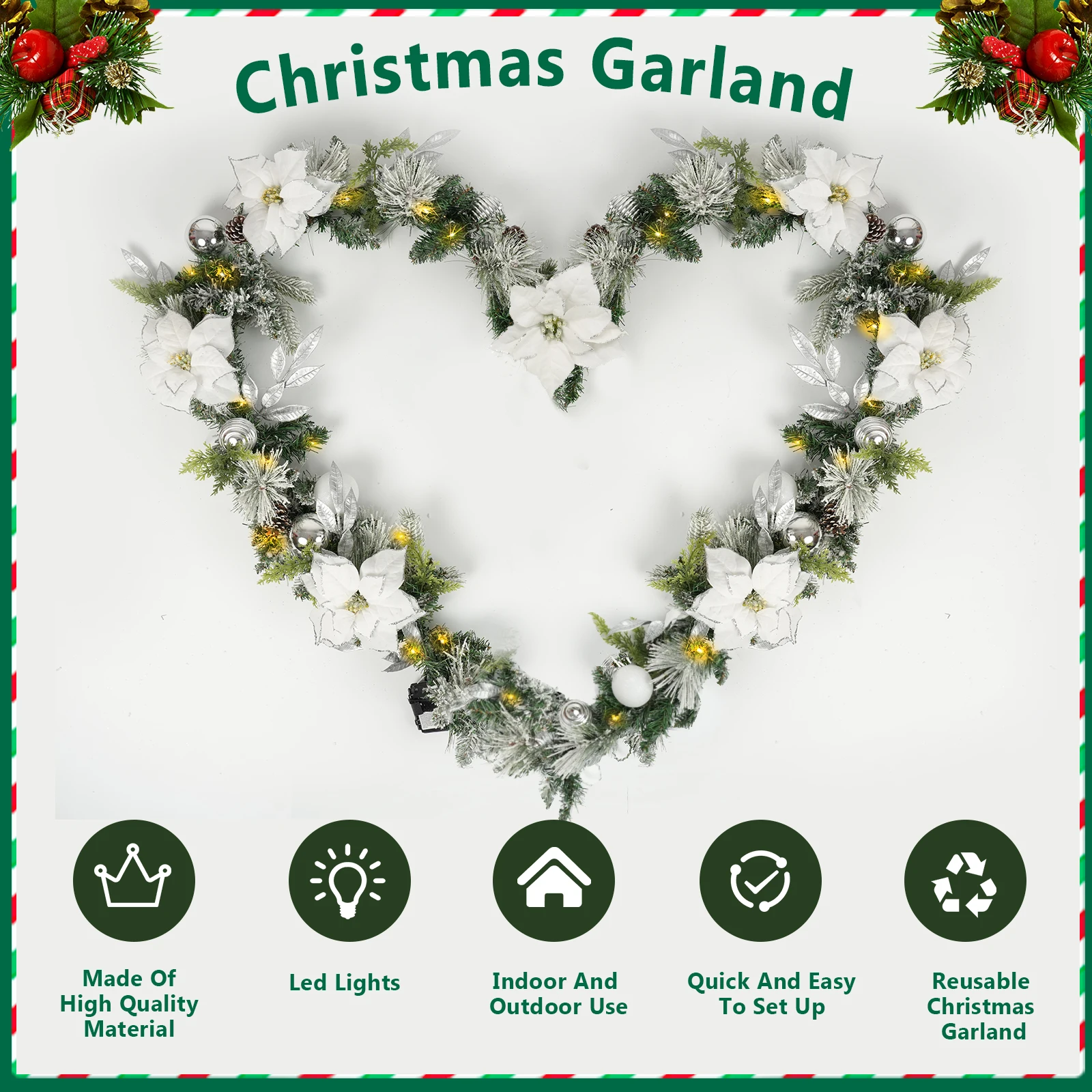 Lighted Christmas Garland for Mantle, Fireplace, Stairs, Garland for Front Door Pre-lit 9 Feet Winter White Silver Poinsettia Garland with 100 LED Lights, Timer Operated In/Out Door Decor - view 4