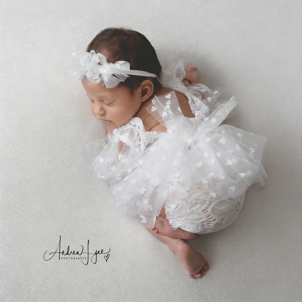 Newborn Girl Photography Outfits White Lace Heart Tutu Romper Baby Photo Shoot Clothes Headband Newborn Lace Tutu Dress 0-3 M