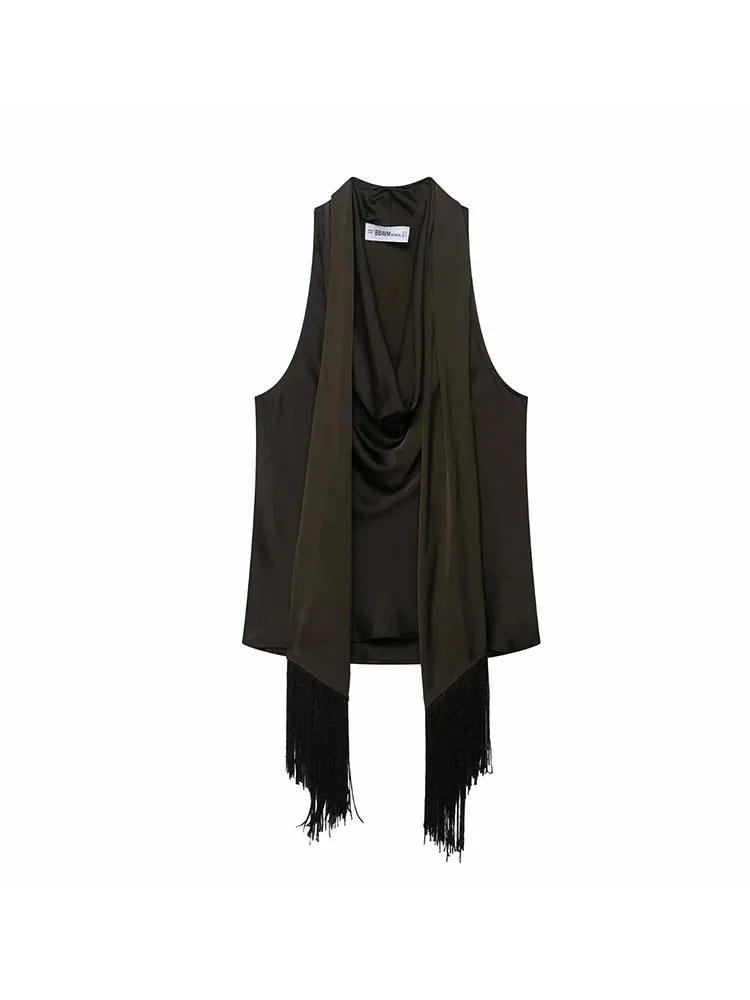 

Женские модные сексуальные топы 2025 года, черные свободные воротники без рукавов с кисточками и украшением, женские летние тонкие шикарные короткие топы