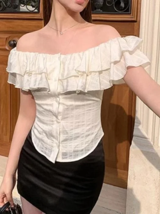 

Sweet Fitted ort Sve irt Women's 2025 Summer New Sle One-oulder Ruffle Hem Pure Desire Wind Top Ladies Blouse