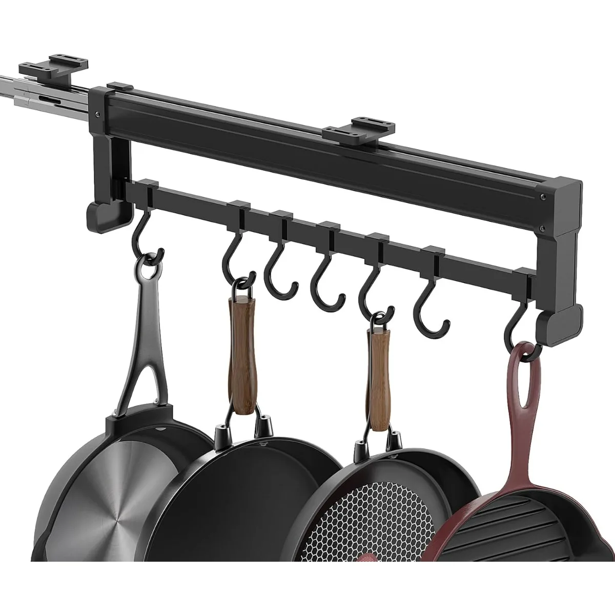 

Adjustable Pot Racks, Pull Out Pot and Pan Organizer with 7 Hooks, Expandable Utility Kitchen Cabinet for Hanging, Sliding Under