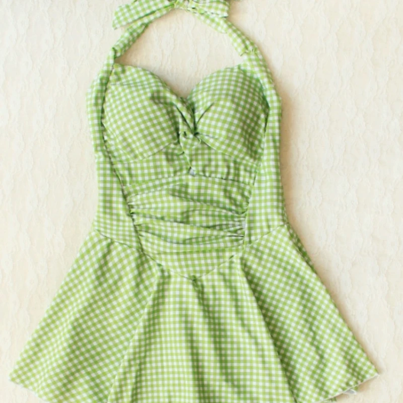 Vestido de baño para mujer, traje de baño conservador fresco, a cuadros simples, cuello Halter, Bikini Sexy sin espalda, traje de baño para vacaciones, traje de baño de una pieza
