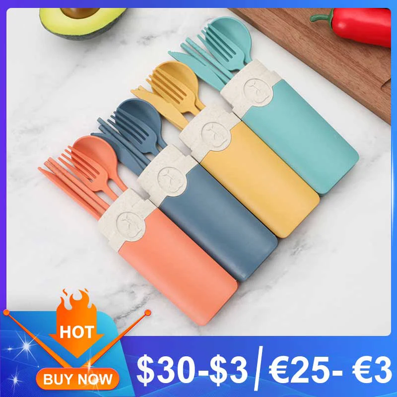 Portable Reusable Spoon Fork Chopsticks Knife Wheat Straw Tableware Cutlery Set Travel Picnic Camping Dinnerware Kits