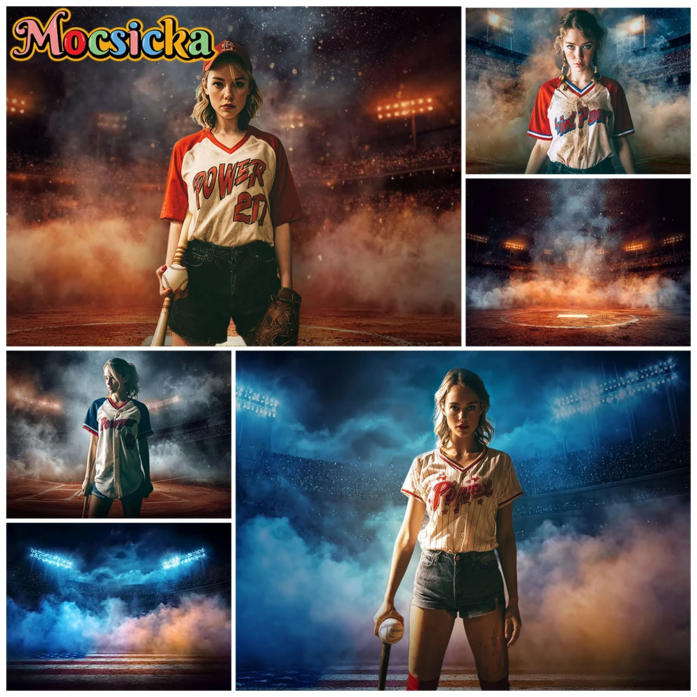 Mocsicka Night Baseball Stadium Photography Backdrops Smoke Lights Background Sports Banner Party Birthday Photo Shoots Tapestry