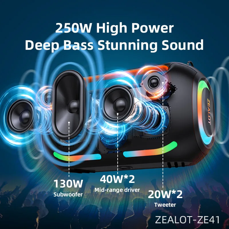 ZE41 250W Por     Speaker Wireless 5.3 Outdoor Speaker Party Audio Large Volume Bass RGB Light IPX5 Waterproof USB TF FM