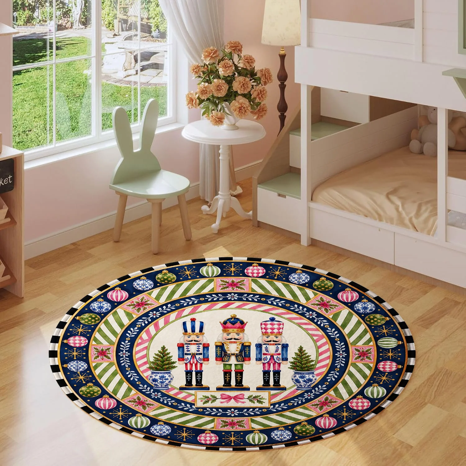Nutcracker Christmas Tree Bauble Ornament Stripe Checkerboard Pattern Holiday Luxury Round Mat Area Rug Home Decor