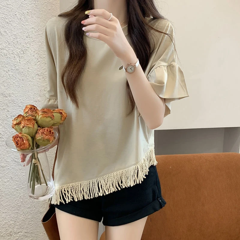 Summer Irregular Tassel Flare Short Sleeve O Neck Women T Shirts Fashion Harajuku Elegant 2xl Oversized Clothing Apricot Black