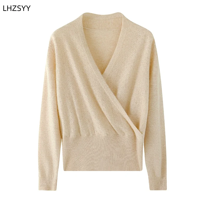 LHZSYY Autumn Winter New 100%Pure Cashmere Sweater Ladies Cross V-Neck Pullover Fashion Short Base Shirt Long Sleeve Knit Blouse