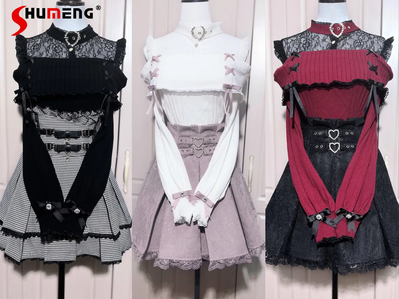 

Japanese Mines Style Mass-Produced Subculture Lace Patchwork Collar Off-Shoulder Long Sleeve Knitted Pullover Sweater for Women